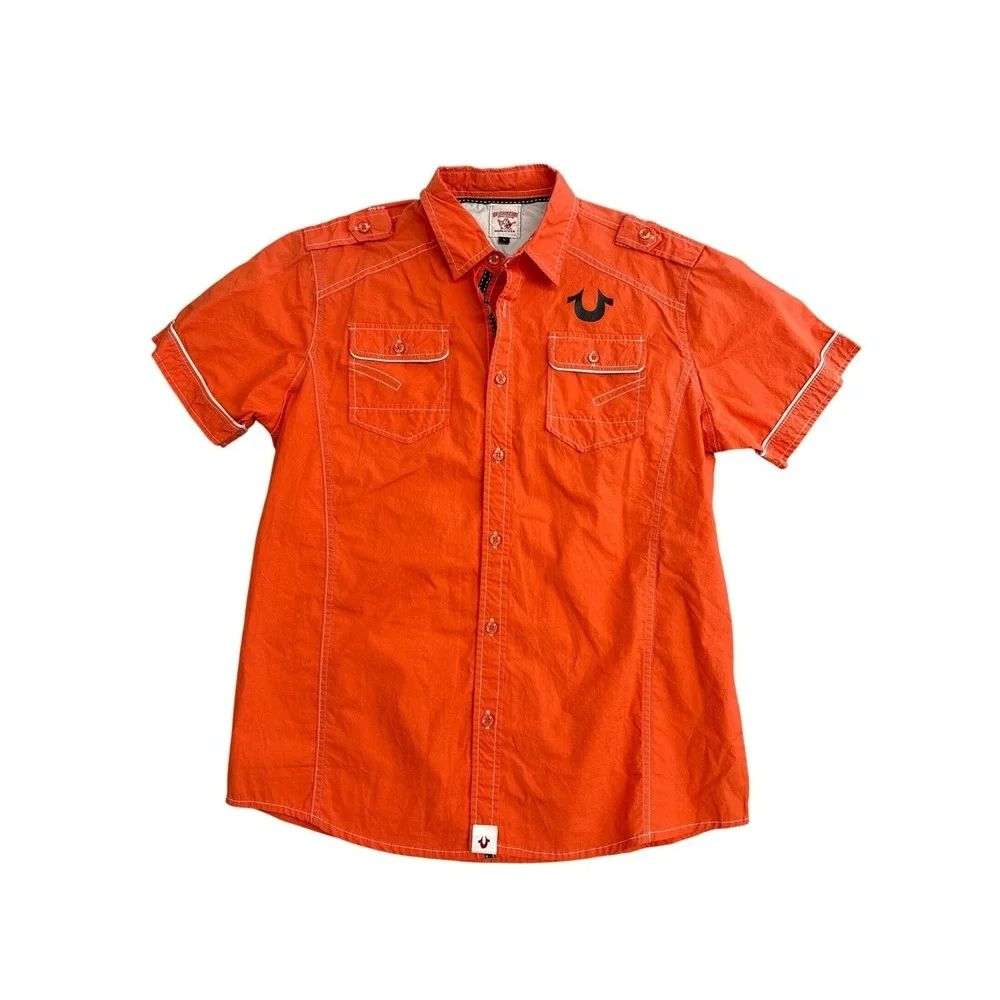 True Religion Mens Orange Short Sleeve Button Down Shirt Contrast Stitch Large